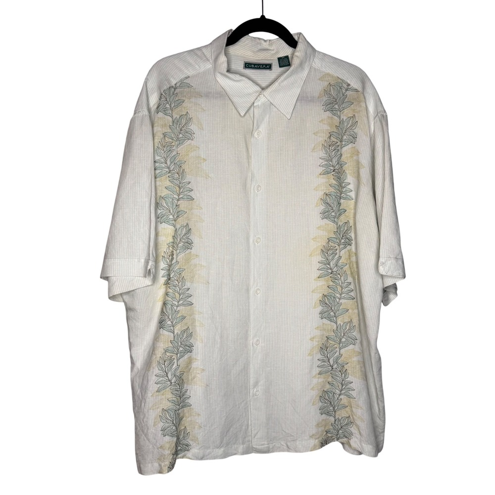 Cubavera Mens 2X White Linen Blend Pinstripe Floral Embroidered Havana Shirt